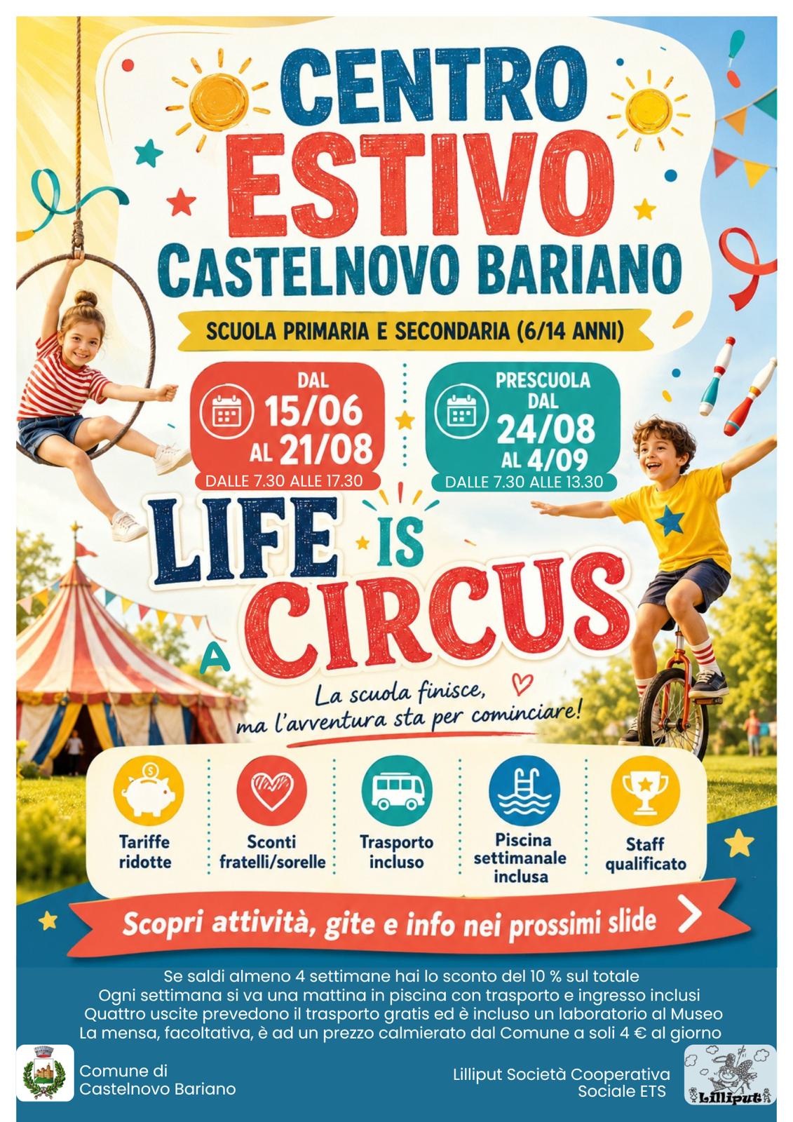 Poster ufficiale Centro Estivo Castelnovo Bariano 2026 — Life is Circus