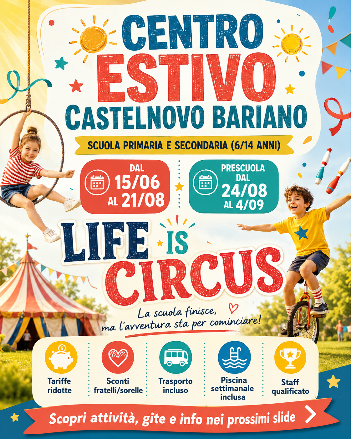 Poster ufficiale Centro Estivo Castelnovo Bariano 2026 — Life is Circus